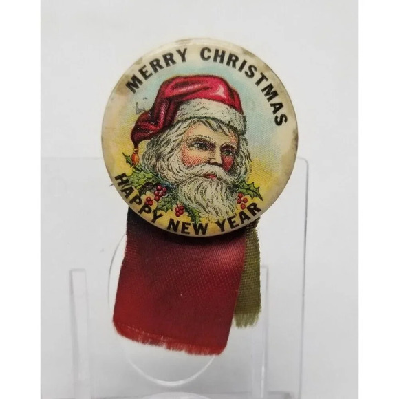 1930s 1940s Santa Claus MERRY CHRISTMAS HAPPY NEW YEAR Celluloid Pinback Button - Picture 1 of 6